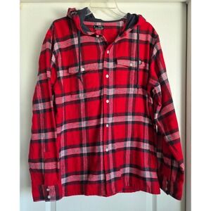 Gnarly Red Plaid Flannel Hoodie Shirt‎ Jacket Men's Size L VTG Streetwear Surfer